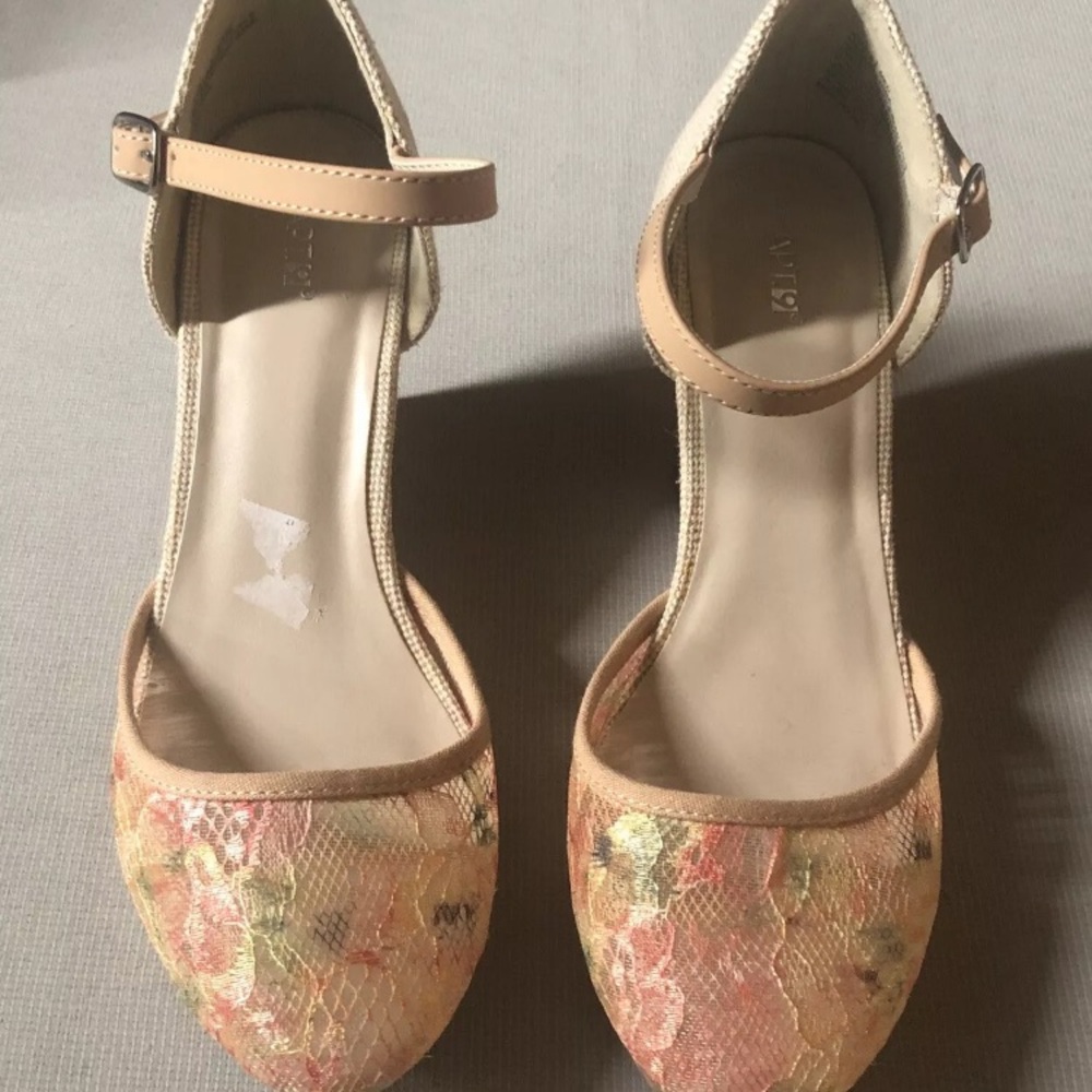 Apt 9 Womens 8.5M Beige Boho Espadrille Cork Wedge Pastel Lace Cap Toe Strap